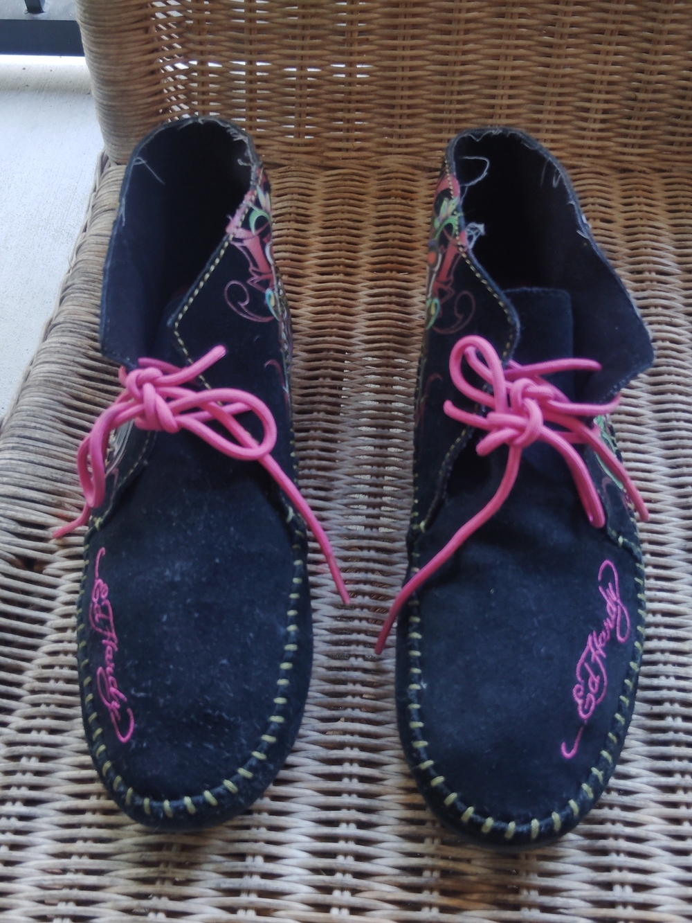 Ed Hardy Women's Black Suede Moccasin Boots with Pink Laces